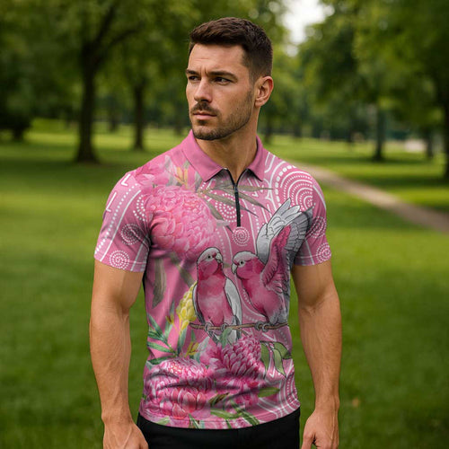 Australia Pink Galah Zipper Polo Shirt Rose-breasted Cockatoo Waratah Indigenous Art - Aussie Hoodie