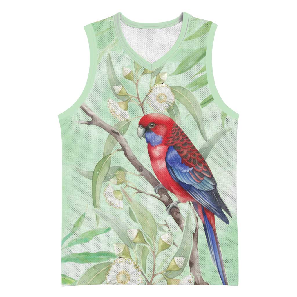 Australia Crimson Rosella Basketball Jersey Platycercus Elegans Eucalyptus Alba Watercolor - Aussie Hoodie