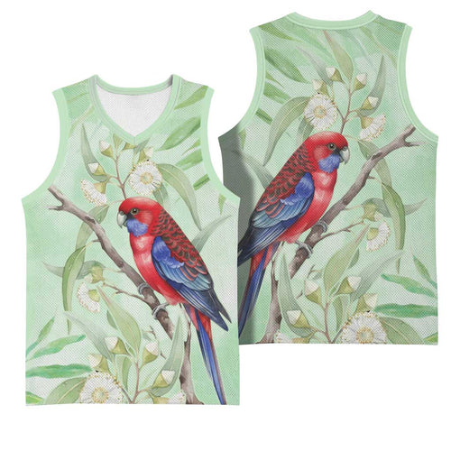 Australia Crimson Rosella Basketball Jersey Platycercus Elegans Eucalyptus Alba Watercolor - Aussie Hoodie