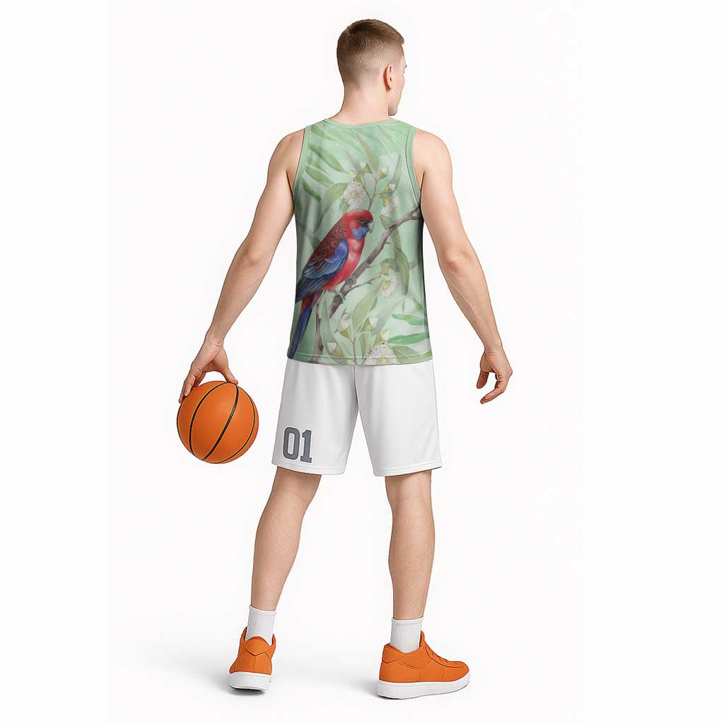 Australia Crimson Rosella Basketball Jersey Platycercus Elegans Eucalyptus Alba Watercolor - Aussie Hoodie