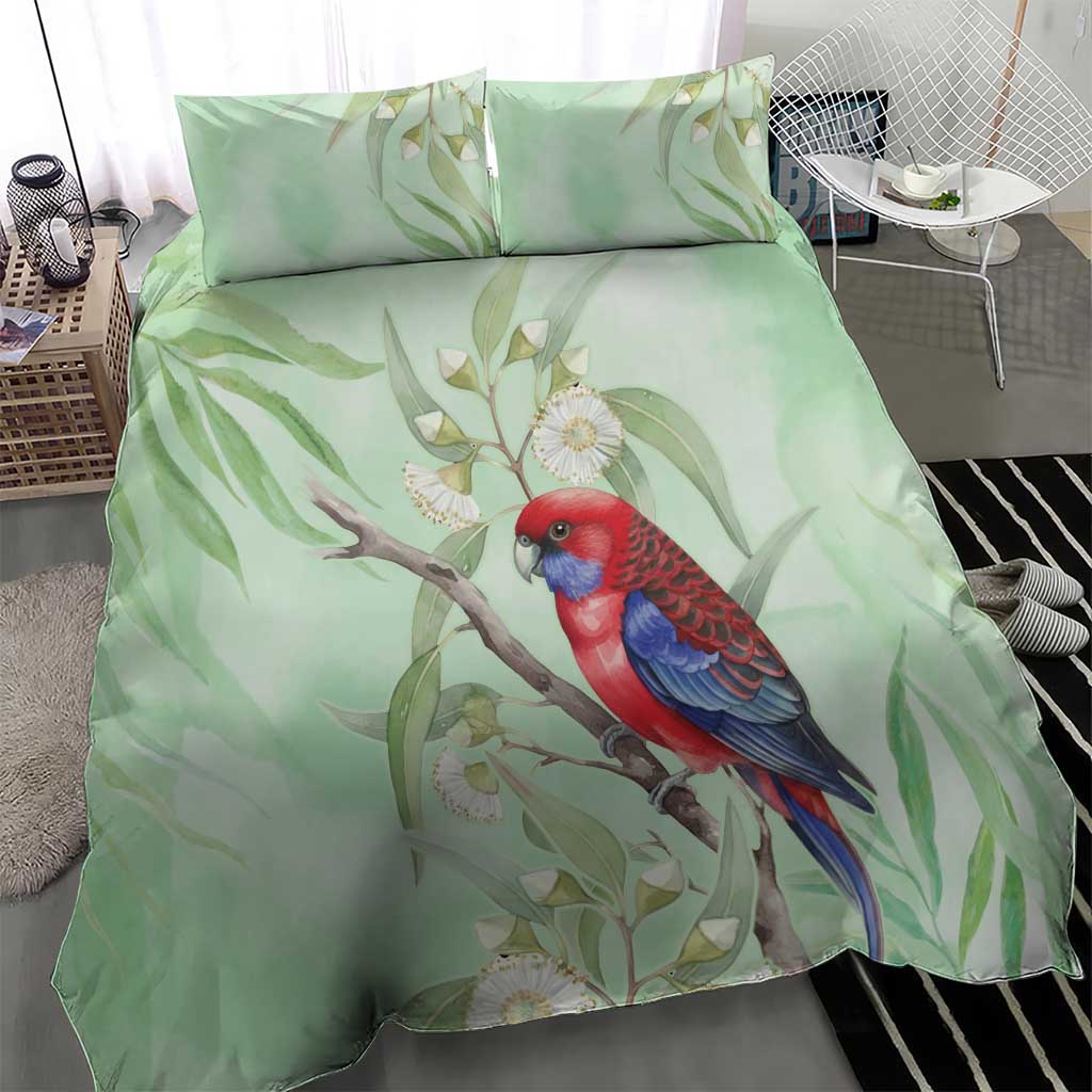 Australia Crimson Rosella Bedding Set Platycercus Elegans Eucalyptus Alba Watercolor - Aussie Hoodie