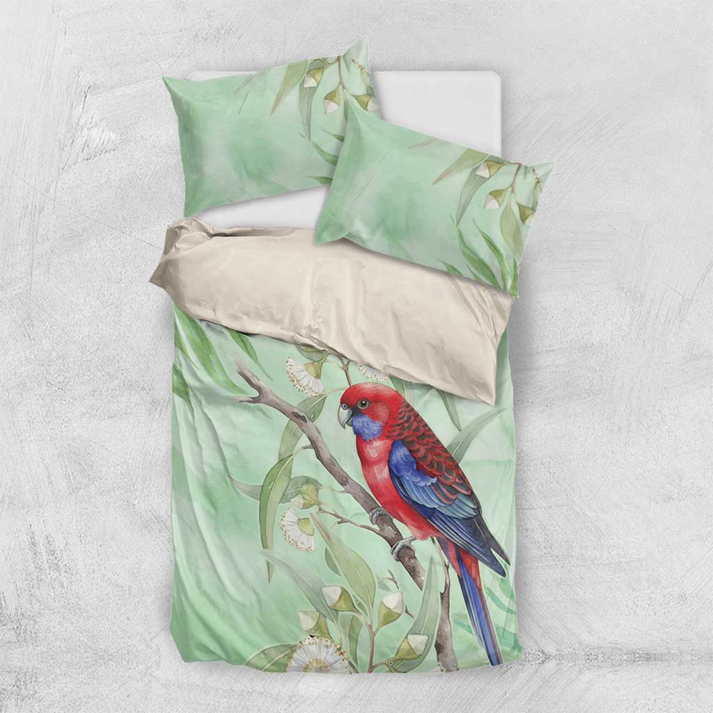 Australia Crimson Rosella Bedding Set Platycercus Elegans Eucalyptus Alba Watercolor - Aussie Hoodie