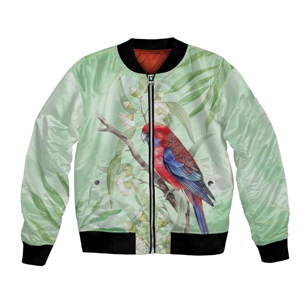 Australia Crimson Rosella Bomber Jacket Platycercus Elegans Eucalyptus Alba Watercolor - Aussie Hoodie