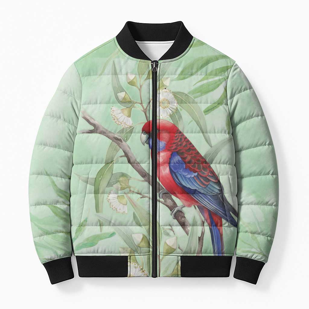 Australia Crimson Rosella Bomber Puffer Jacket Platycercus Elegans Eucalyptus Alba Watercolor - Aussie Hoodie