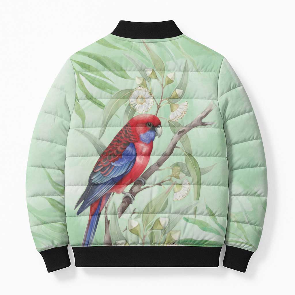 Australia Crimson Rosella Bomber Puffer Jacket Platycercus Elegans Eucalyptus Alba Watercolor - Aussie Hoodie