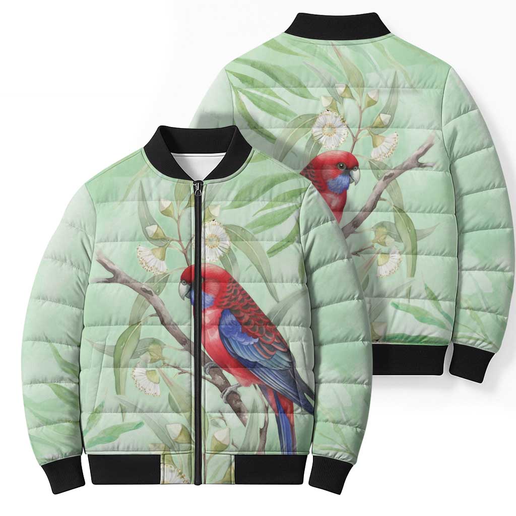 Australia Crimson Rosella Bomber Puffer Jacket Platycercus Elegans Eucalyptus Alba Watercolor - Aussie Hoodie