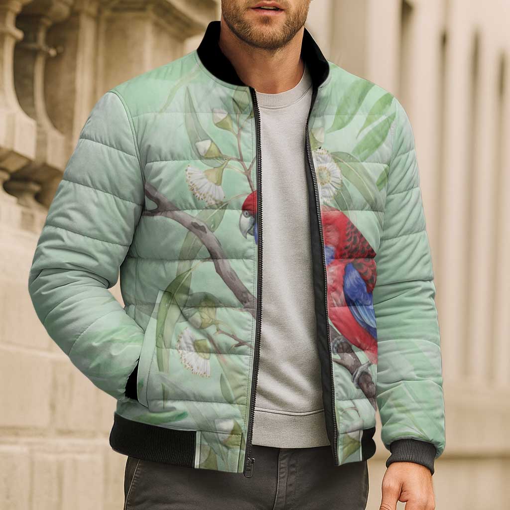 Australia Crimson Rosella Bomber Puffer Jacket Platycercus Elegans Eucalyptus Alba Watercolor - Aussie Hoodie