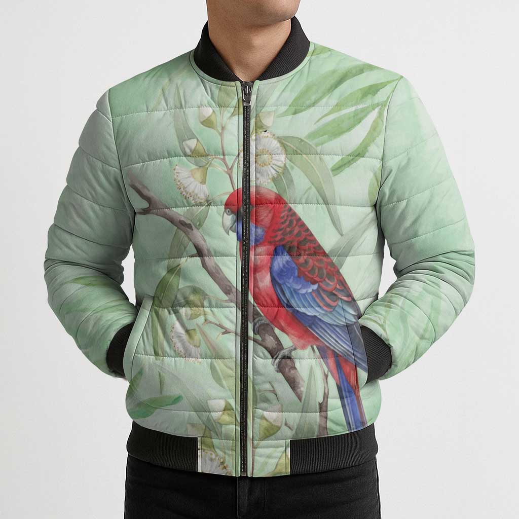Australia Crimson Rosella Bomber Puffer Jacket Platycercus Elegans Eucalyptus Alba Watercolor - Aussie Hoodie
