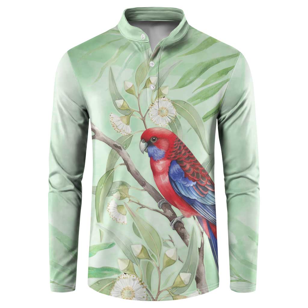 Australia Crimson Rosella Button Sweatshirt Platycercus Elegans Eucalyptus Alba Watercolor - Aussie Hoodie