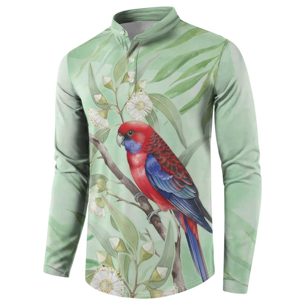Australia Crimson Rosella Button Sweatshirt Platycercus Elegans Eucalyptus Alba Watercolor - Aussie Hoodie