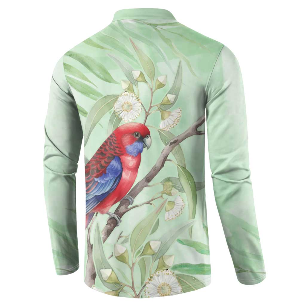 Australia Crimson Rosella Button Sweatshirt Platycercus Elegans Eucalyptus Alba Watercolor - Aussie Hoodie
