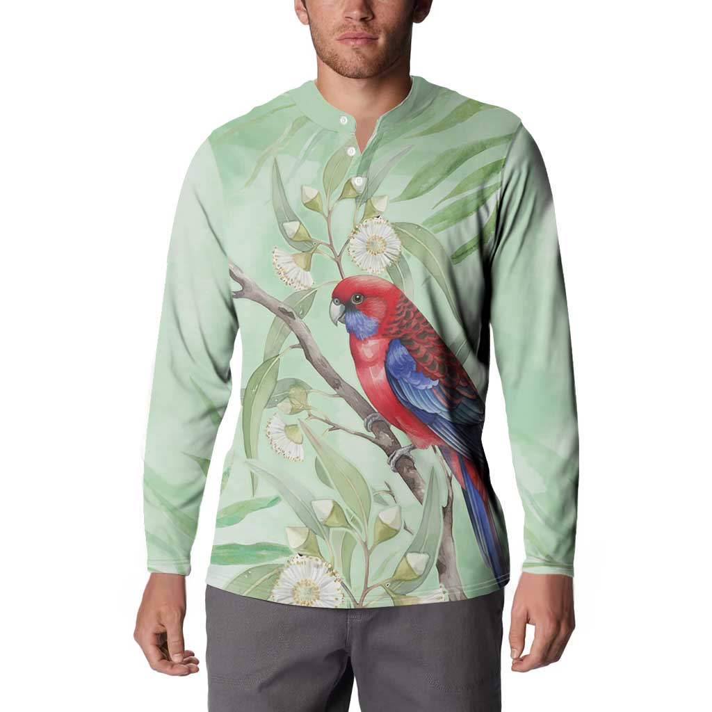 Australia Crimson Rosella Button Sweatshirt Platycercus Elegans Eucalyptus Alba Watercolor - Aussie Hoodie