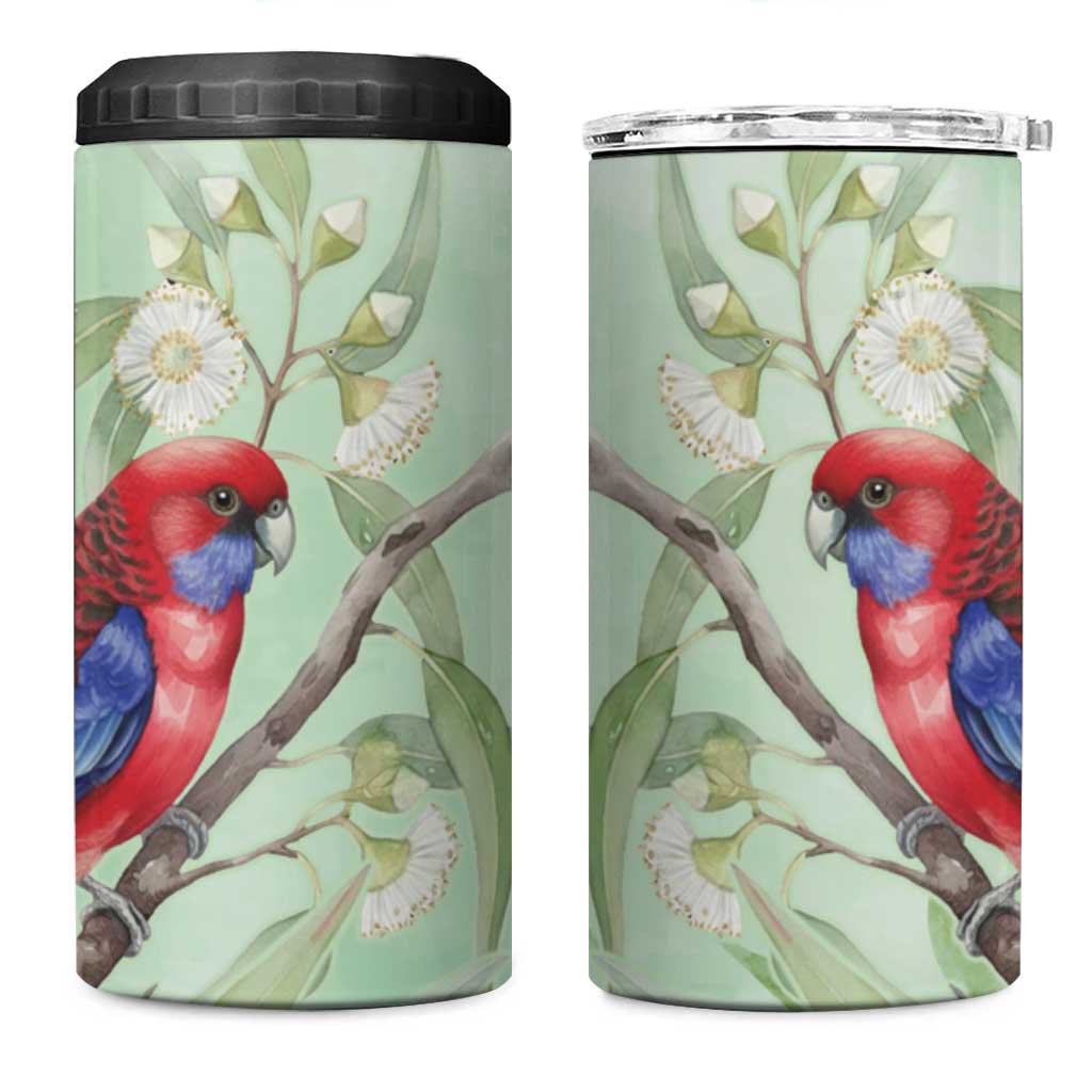 Australia Crimson Rosella 4 in 1 Can Cooler Tumbler Platycercus Elegans Eucalyptus Alba Watercolor - Aussie Hoodie