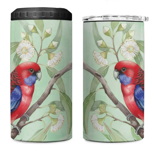 Australia Crimson Rosella 4 in 1 Can Cooler Tumbler Platycercus Elegans Eucalyptus Alba Watercolor - Aussie Hoodie
