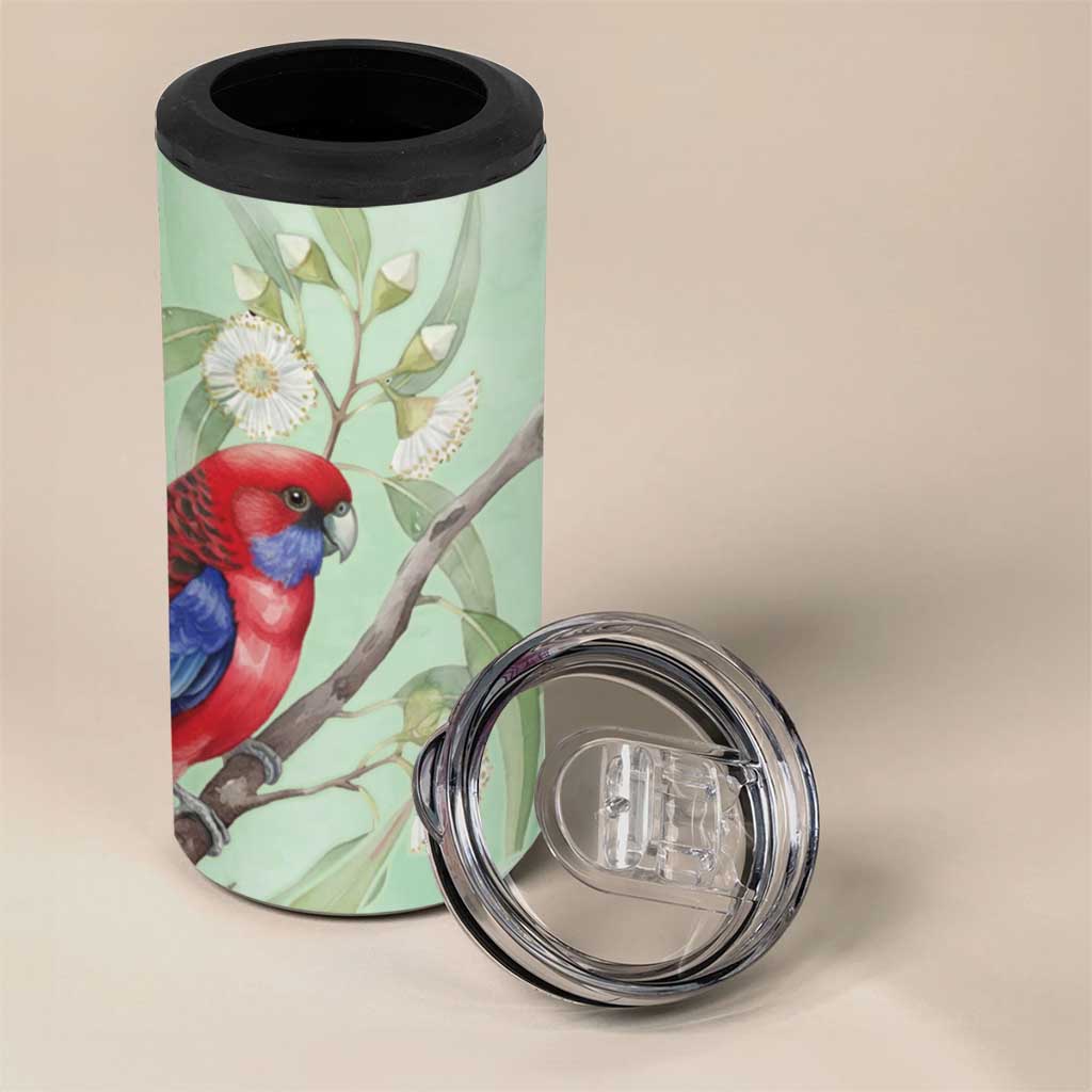 Australia Crimson Rosella 4 in 1 Can Cooler Tumbler Platycercus Elegans Eucalyptus Alba Watercolor - Aussie Hoodie