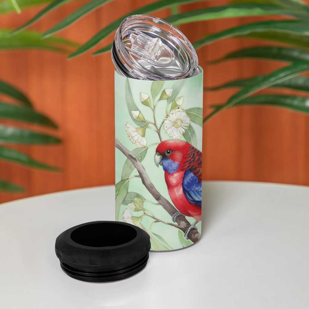 Australia Crimson Rosella 4 in 1 Can Cooler Tumbler Platycercus Elegans Eucalyptus Alba Watercolor - Aussie Hoodie