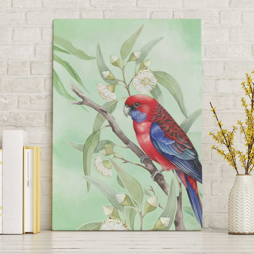 Australia Crimson Rosella Canvas Wall Art Platycercus Elegans Eucalyptus Alba Watercolor - Aussie Hoodie