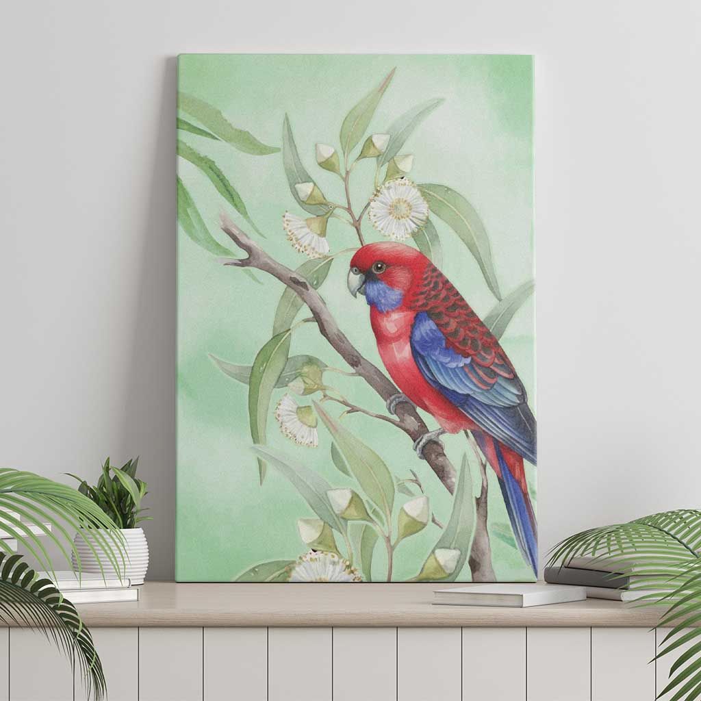 Australia Crimson Rosella Canvas Wall Art Platycercus Elegans Eucalyptus Alba Watercolor - Aussie Hoodie