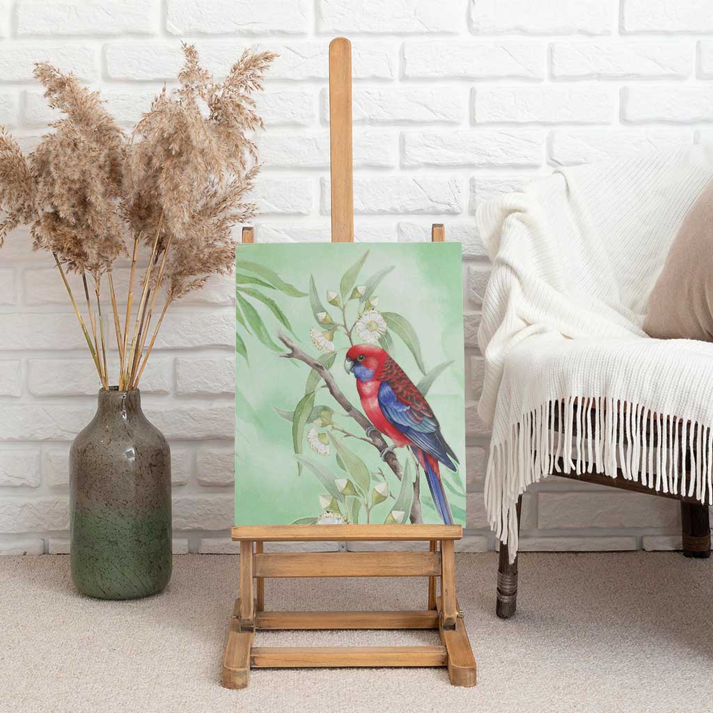 Australia Crimson Rosella Canvas Wall Art Platycercus Elegans Eucalyptus Alba Watercolor - Aussie Hoodie