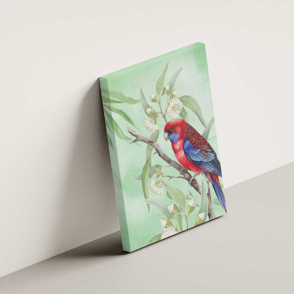 Australia Crimson Rosella Canvas Wall Art Platycercus Elegans Eucalyptus Alba Watercolor - Aussie Hoodie