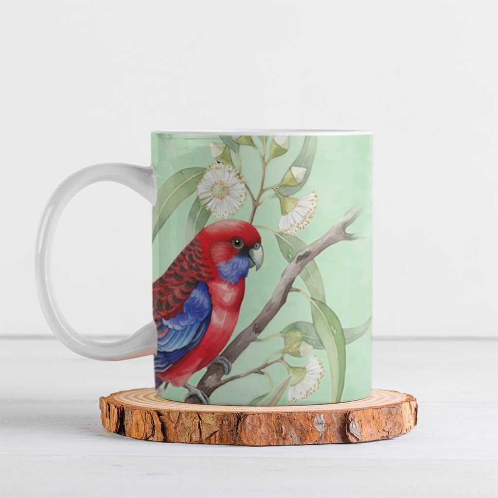 Australia Crimson Rosella Ceramic Mug Platycercus Elegans Eucalyptus Alba Watercolor - Aussie Hoodie