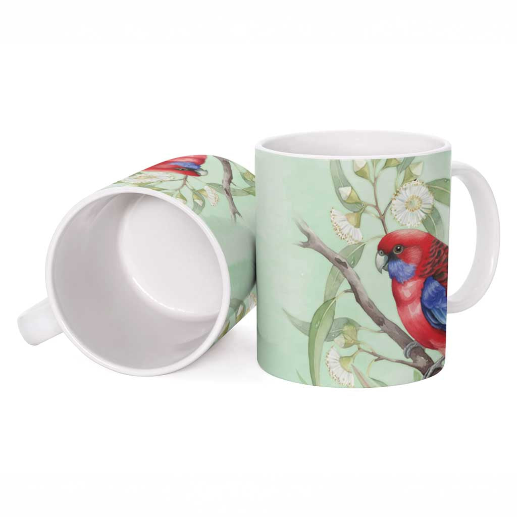 Australia Crimson Rosella Ceramic Mug Platycercus Elegans Eucalyptus Alba Watercolor - Aussie Hoodie