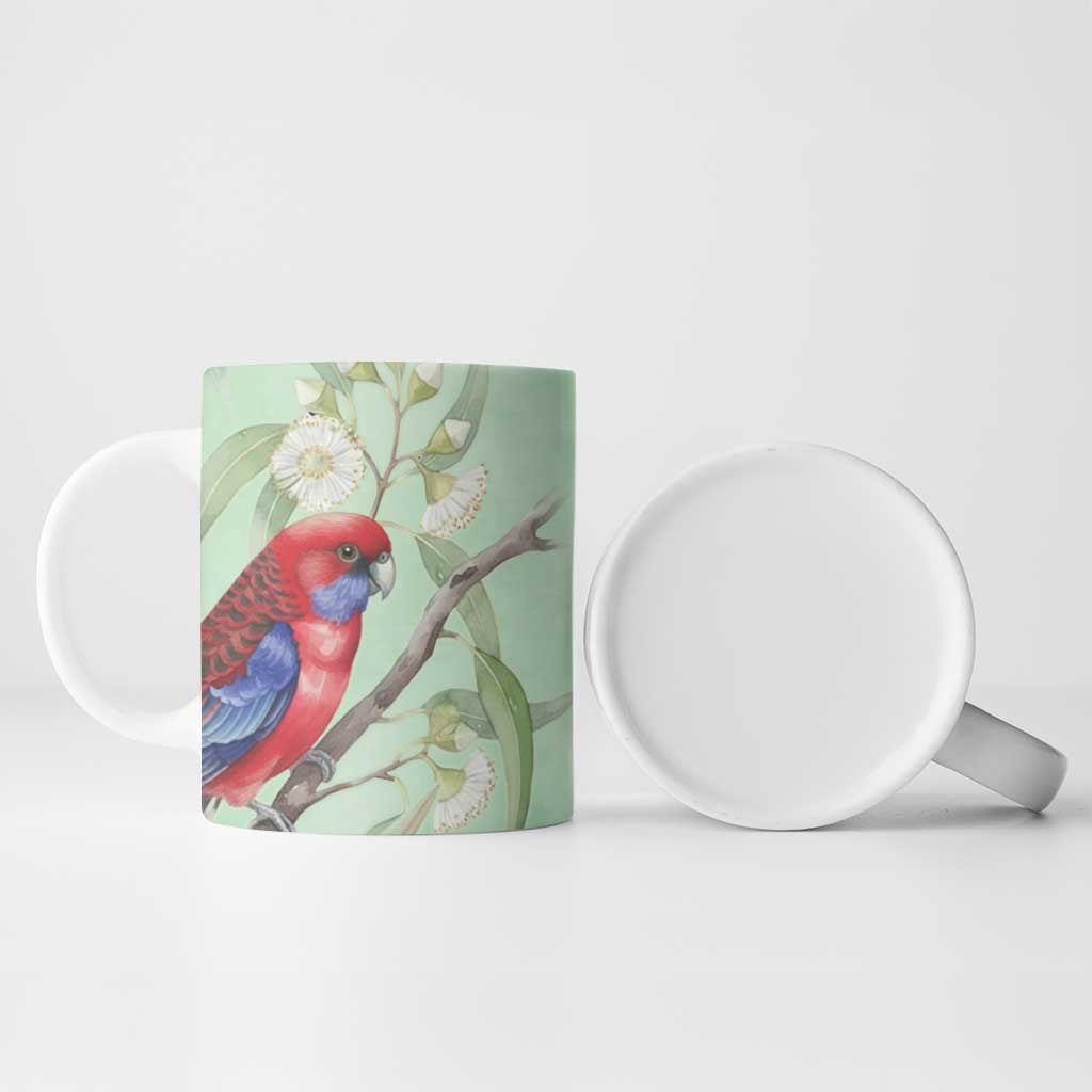 Australia Crimson Rosella Ceramic Mug Platycercus Elegans Eucalyptus Alba Watercolor - Aussie Hoodie