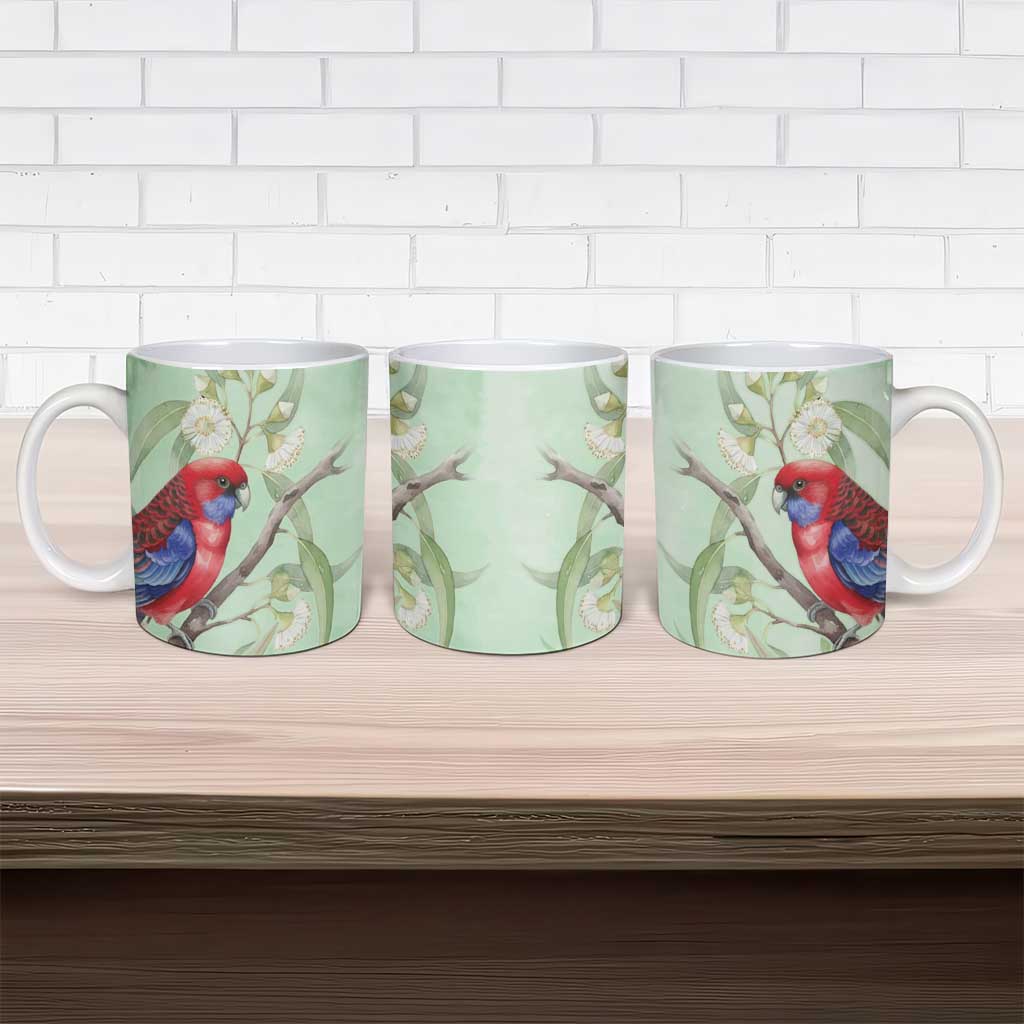 Australia Crimson Rosella Ceramic Mug Platycercus Elegans Eucalyptus Alba Watercolor - Aussie Hoodie