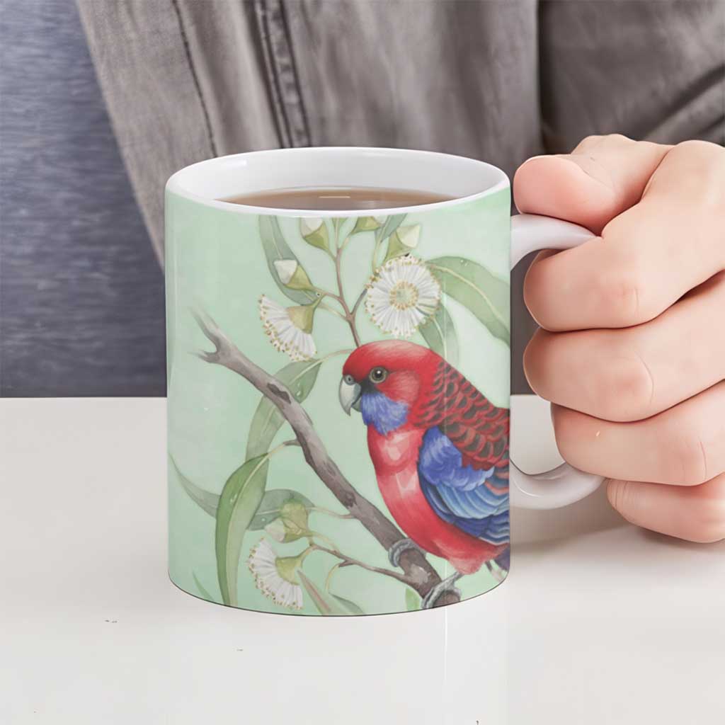 Australia Crimson Rosella Ceramic Mug Platycercus Elegans Eucalyptus Alba Watercolor - Aussie Hoodie