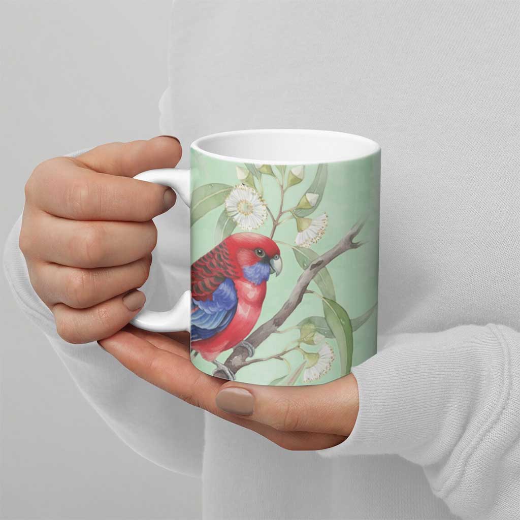 Australia Crimson Rosella Ceramic Mug Platycercus Elegans Eucalyptus Alba Watercolor - Aussie Hoodie