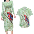 Australia Crimson Rosella Couples Matching Long Sleeve Bodycon Dress and Hawaiian Shirt Platycercus Elegans Eucalyptus Alba Watercolor - Aussie Hoodie