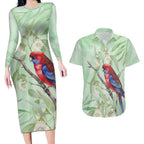 Australia Crimson Rosella Couples Matching Long Sleeve Bodycon Dress and Hawaiian Shirt Platycercus Elegans Eucalyptus Alba Watercolor - Aussie Hoodie