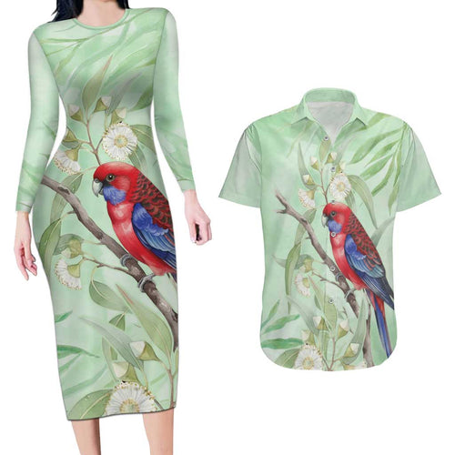 Australia Crimson Rosella Couples Matching Long Sleeve Bodycon Dress and Hawaiian Shirt Platycercus Elegans Eucalyptus Alba Watercolor - Aussie Hoodie