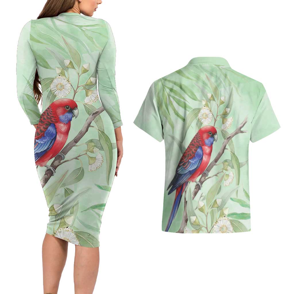 Australia Crimson Rosella Couples Matching Long Sleeve Bodycon Dress and Hawaiian Shirt Platycercus Elegans Eucalyptus Alba Watercolor - Aussie Hoodie