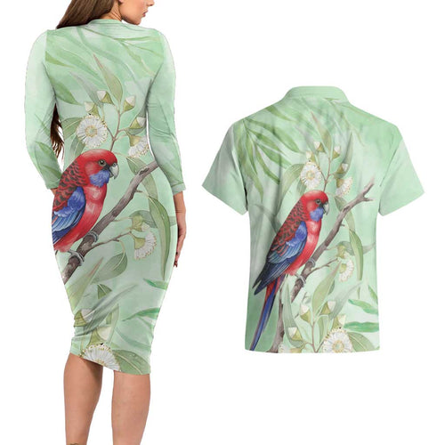 Australia Crimson Rosella Couples Matching Long Sleeve Bodycon Dress and Hawaiian Shirt Platycercus Elegans Eucalyptus Alba Watercolor - Aussie Hoodie