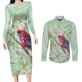 Australia Crimson Rosella Couples Matching Long Sleeve Bodycon Dress and Long Sleeve Button Shirt Platycercus Elegans Eucalyptus Alba Watercolor - Aussie Hoodie