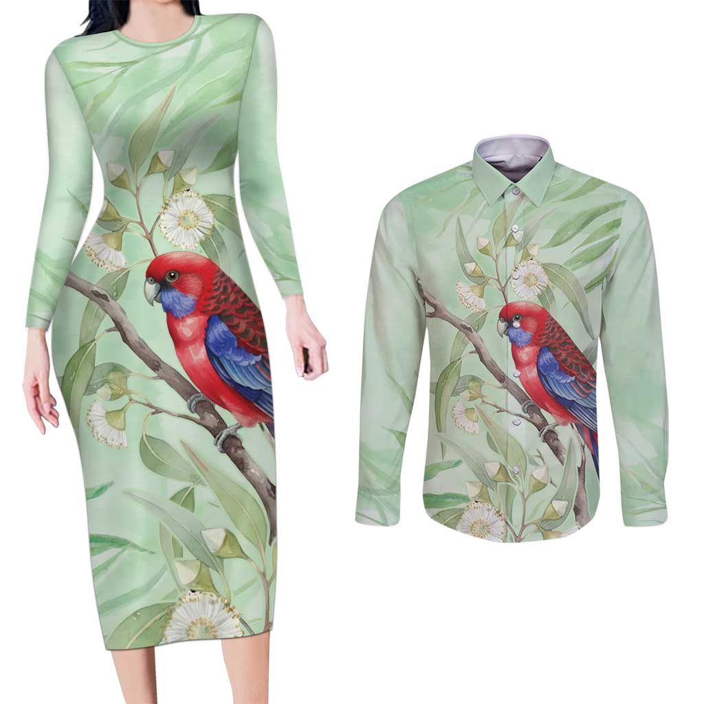 Australia Crimson Rosella Couples Matching Long Sleeve Bodycon Dress and Long Sleeve Button Shirt Platycercus Elegans Eucalyptus Alba Watercolor - Aussie Hoodie