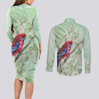 Australia Crimson Rosella Couples Matching Long Sleeve Bodycon Dress and Long Sleeve Button Shirt Platycercus Elegans Eucalyptus Alba Watercolor - Aussie Hoodie