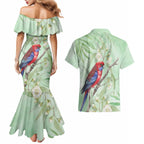 Australia Crimson Rosella Couples Matching Mermaid Dress and Hawaiian Shirt Platycercus Elegans Eucalyptus Alba Watercolor - Aussie Hoodie