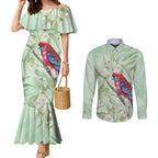 Australia Crimson Rosella Couples Matching Mermaid Dress and Long Sleeve Button Shirt Platycercus Elegans Eucalyptus Alba Watercolor - Aussie Hoodie