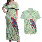 Australia Crimson Rosella Couples Matching Off Shoulder Maxi Dress and Hawaiian Shirt Platycercus Elegans Eucalyptus Alba Watercolor - Aussie Hoodie