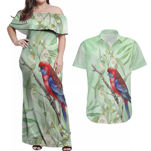 Australia Crimson Rosella Couples Matching Off Shoulder Maxi Dress and Hawaiian Shirt Platycercus Elegans Eucalyptus Alba Watercolor - Aussie Hoodie