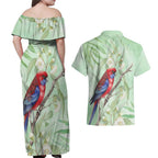 Australia Crimson Rosella Couples Matching Off Shoulder Maxi Dress and Hawaiian Shirt Platycercus Elegans Eucalyptus Alba Watercolor - Aussie Hoodie