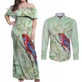 Australia Crimson Rosella Couples Matching Off Shoulder Maxi Dress and Long Sleeve Button Shirt Platycercus Elegans Eucalyptus Alba Watercolor - Aussie Hoodie