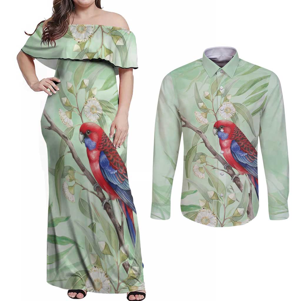 Australia Crimson Rosella Couples Matching Off Shoulder Maxi Dress and Long Sleeve Button Shirt Platycercus Elegans Eucalyptus Alba Watercolor - Aussie Hoodie