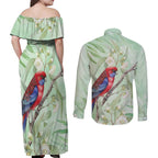 Australia Crimson Rosella Couples Matching Off Shoulder Maxi Dress and Long Sleeve Button Shirt Platycercus Elegans Eucalyptus Alba Watercolor - Aussie Hoodie