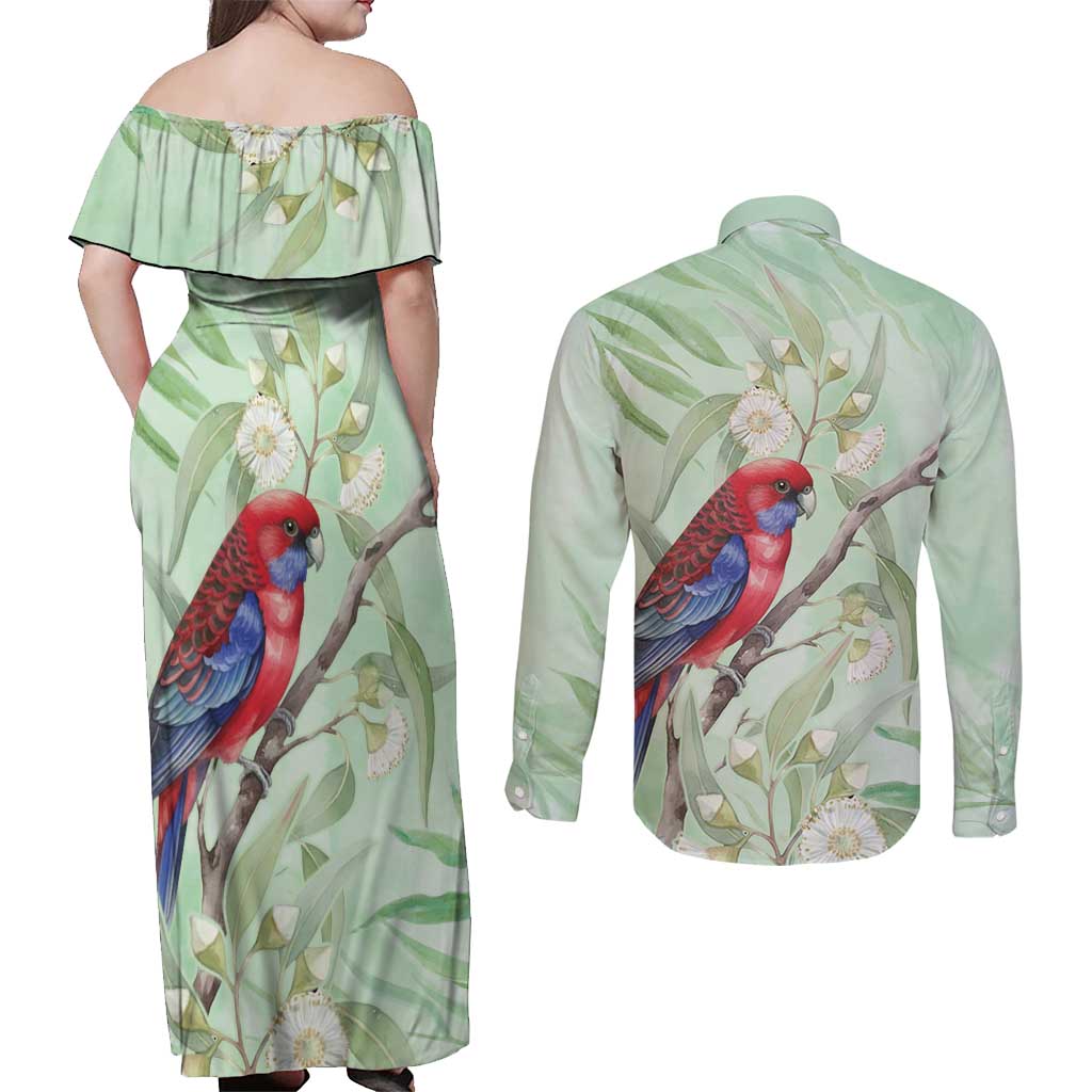 Australia Crimson Rosella Couples Matching Off Shoulder Maxi Dress and Long Sleeve Button Shirt Platycercus Elegans Eucalyptus Alba Watercolor - Aussie Hoodie