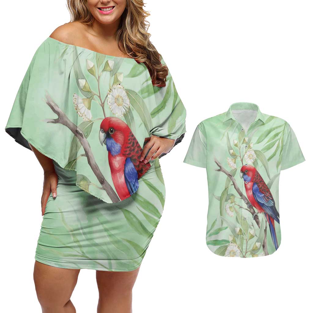 Australia Crimson Rosella Couples Matching Off Shoulder Short Dress and Hawaiian Shirt Platycercus Elegans Eucalyptus Alba Watercolor - Aussie Hoodie