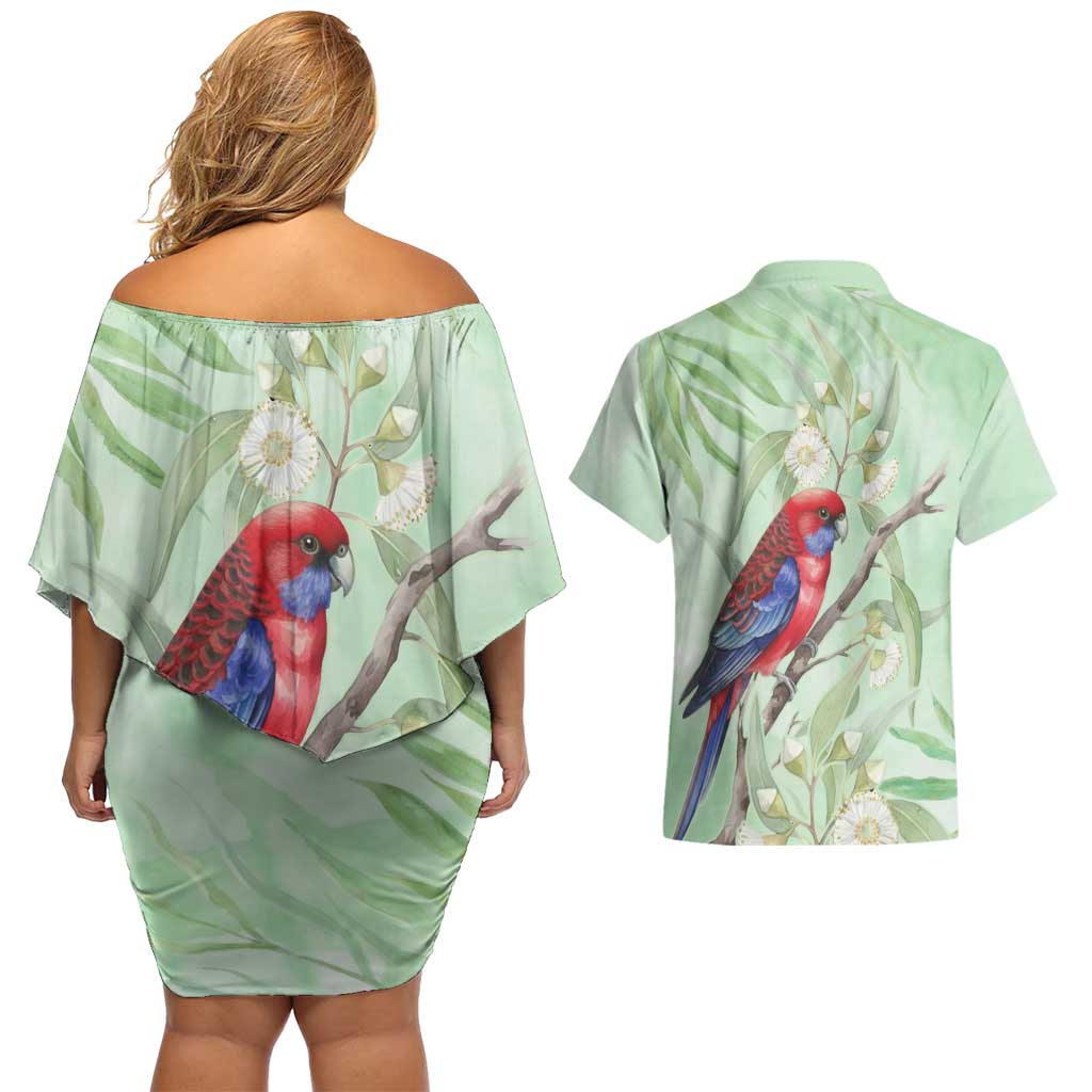 Australia Crimson Rosella Couples Matching Off Shoulder Short Dress and Hawaiian Shirt Platycercus Elegans Eucalyptus Alba Watercolor - Aussie Hoodie