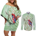 Australia Crimson Rosella Couples Matching Off Shoulder Short Dress and Long Sleeve Button Shirt Platycercus Elegans Eucalyptus Alba Watercolor - Aussie Hoodie